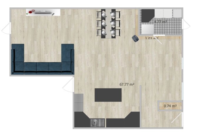 Planritning av 70-talsvilla med öppet kök och vardagsrum, L-formad soffa, matbord för sex personer och stor TV-bänk. Golv i trä med ljus nyans.