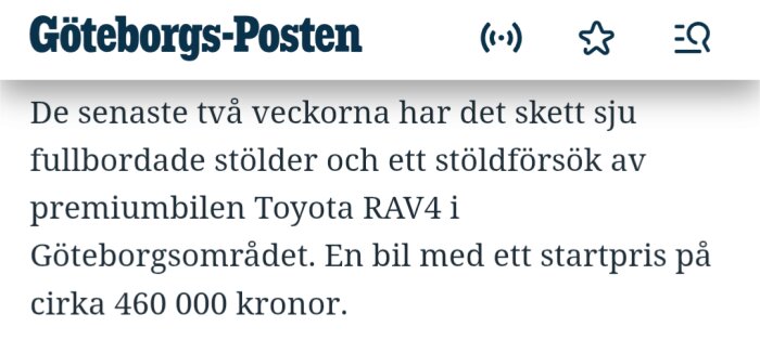 Tidningsartikel från Göteborgs-Posten om bilstölder av Toyota RAV4 i Göteborgsområdet.