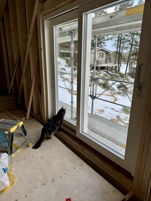 Katt tittar ut genom nyinstallerad skjutdörr i hus under byggnation, med snöklätt landskap och byggställning i bakgrunden.