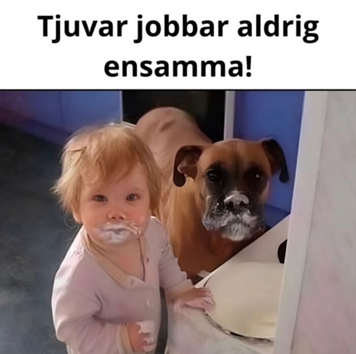 Barn och hund med krämig mat i ansiktet, står vid ett bord, med texten "Tjuvar jobbar aldrig ensamma" över dem.