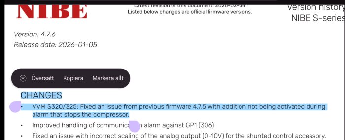 Firmware-uppdatering NIBE S-serien version 4.7.6, åtgärdar problem med kompressor och tillbehör, release 2026-01-05.