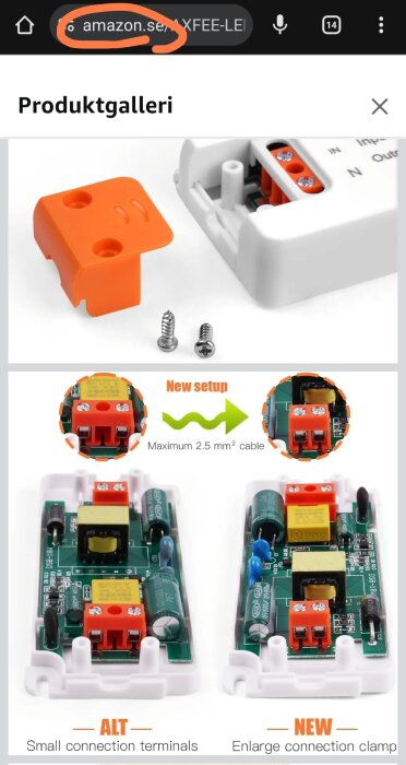 LED-transformatorer från Amazon med orange kopplingsklämmor och kretskort, jämförelse mellan gammal och ny kabelanslutning, max 2,5 mm² kabel.