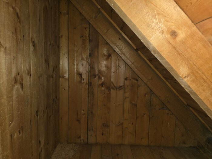 Trävägg på en vind, täckt med mörka fläckar som kan indikera mikrobiell tillväxt. Vinden verkar ha dålig ventilation och fuktproblem.