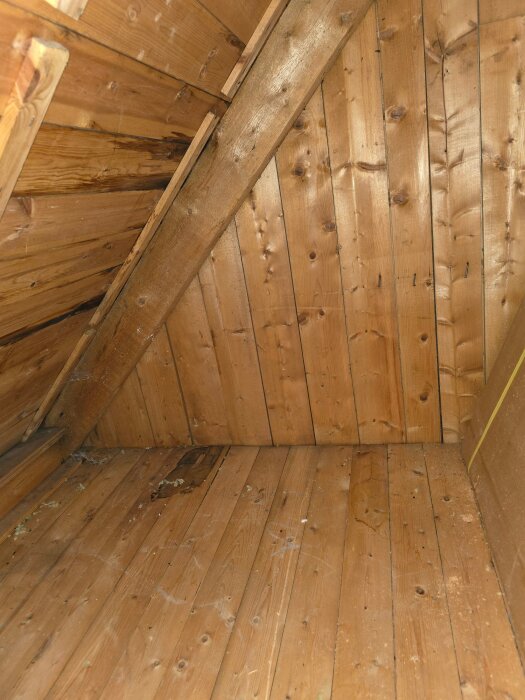 Vind med träpanel och takstolar, möjligt tecken på vattenläckage med mörkare fläck på golvet. Ingen synlig mikrobiell tillväxt.