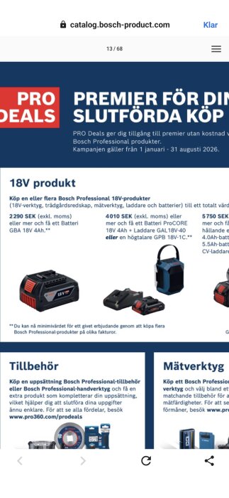 Kampanjsida för Bosch Professional Pro Deals med erbjudanden på 18V-produkter, tillbehör och mätverktyg, samt länk till pro360.com/prodeals.
