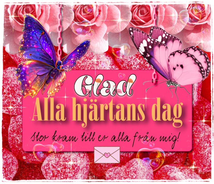 Glad Alla hjärtans dag-kort med rosa rosor, hjärtan, fjärilar och texten "Stor kram till er alla från mig!