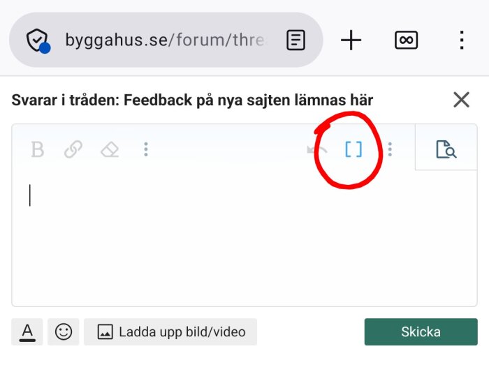 Textredigeringsfält på forum med ikon för formateringsfunktion markerad.