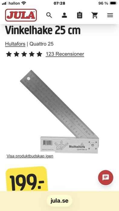 Hultafors vinkelhake Quattro 25 cm från Jula, pris 199 kr, visas med mått och recensioner på mobilskärm.