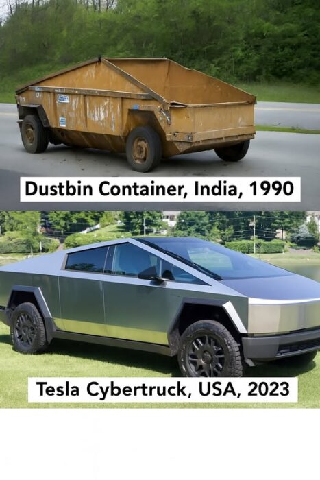 En gammal indisk soptunna på hjul och en modern Tesla Cybertruck, båda jämförda som olika typer av fordon.