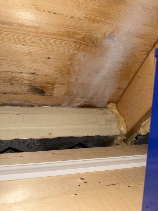 Fuktfläckar och mögel på träpanel nära takfönster; tecken på läckage runt fönster i innertak.