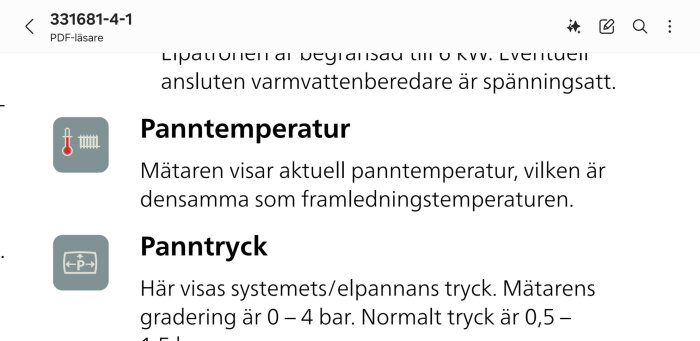 PDF-sida med instruktioner om pannans temperatur och tryck, inklusive ikoner för termometer och tryckmätare.