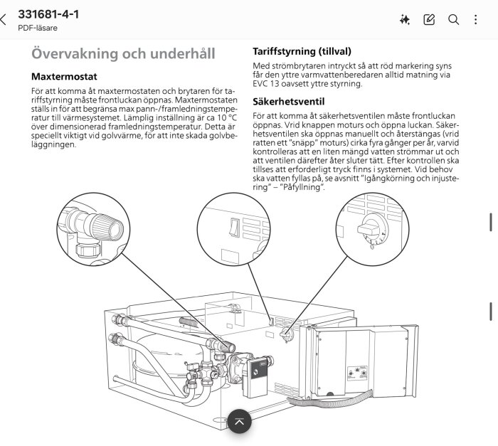 Diagram över värmesystem med etikett för maxtermostat och säkerhetsventil, beskriver steg för underhåll och tariffstyrning.
