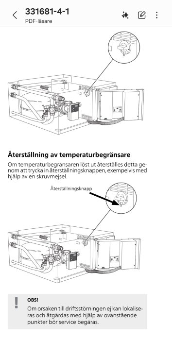 Illustration av värmepumpskomponenter med instruktion för återställning av temperaturbegränsare genom återställningsknapp markerad med förstoringsglas.