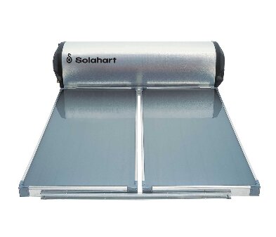 Solvärmesystem på tak med Solahart-paneler, hållbart i 25-30 år, producerar varmvatten utan cirkulationspump, används i Portugal.
