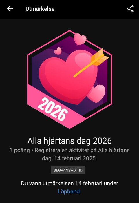 Illustration av ett rosa hjärta träffat av en pil med texten "2026". Bakgrunden är mörk med mindre hjärtan runt omkring.