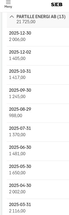 Energikostnader från Partille Energi AB över flera månader, med belopp i kronor, från SEB-konto.