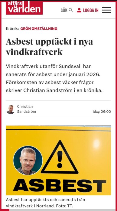 Varningsskylt för asbest med text på gul bakgrund och porträtt av en person.