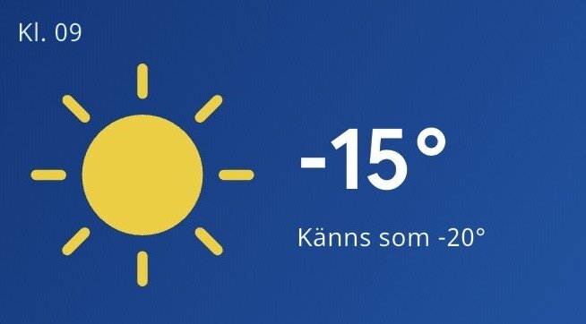 Solig väderprognos visar klockan 09:00 med temperatur -15 grader, upplevs som -20 grader.