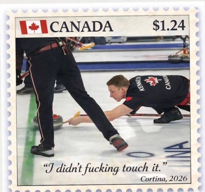 Kanadensiska curlingspelare mitt under en match illustrerade på ett frimärke med texten "I didn't f***ing touch it" och en värdering på $1.24.
