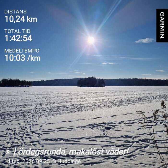 Solig vinterdag med snötäckt mark och en avlägsen ö, text uppger löpinformation och plats i Huddinge.