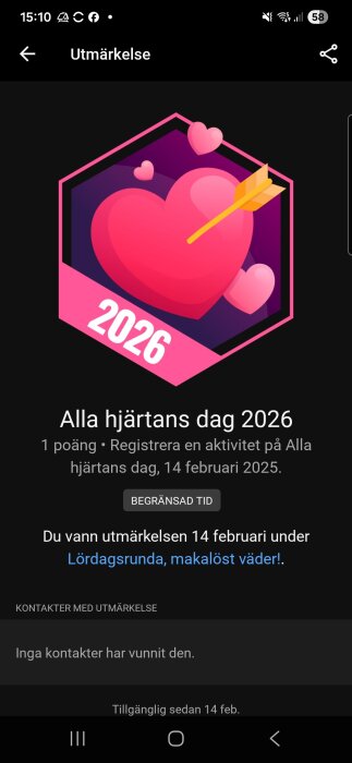 Rosa hjärtsymbol med gul pil och texten "2026", utmärkelse för Alla hjärtans dag 2026 i en app.