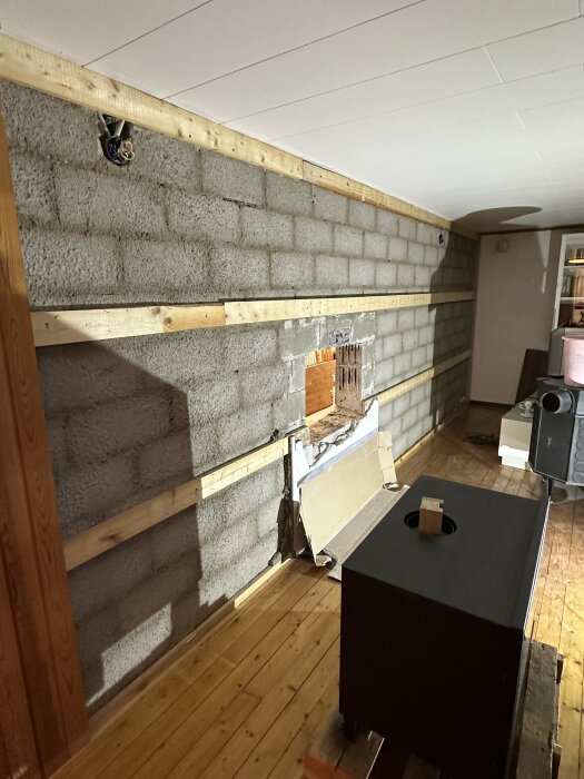Vägg av cementblock med träreglar under renovering i gillestuga, kamininstallation pågår på trägolv.