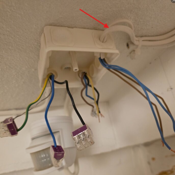 Vit kabelkoppling med flera färgade kablar och en röd pil som pekar mot två vita kablar, nära ett rörelsesensoruttag.