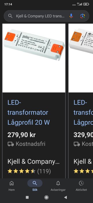 En LED-transformator, lågprofil 20 W, från Goobay visas på bild med priset 279,90 kr och betyget 4,5 stjärnor från Kjell & Company.