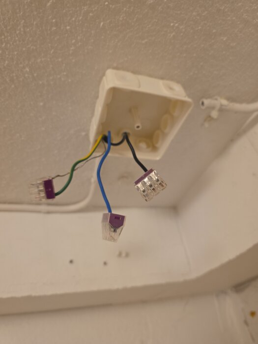 Elektriska kablar med snabbkopplingar hänger från en kopplingsdosa i taket, i samband med pågående renovering.