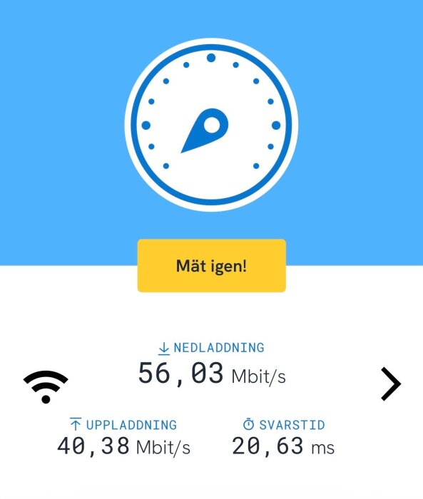 Resultat från ett hastighetstest som visar 56,03 Mbit/s nedladdning, 40,38 Mbit/s uppladdning och 20,63 ms svarstid.