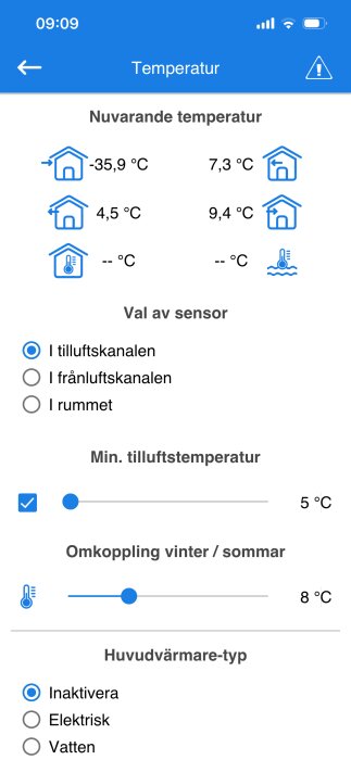 Screenshots av temperaturinställningar för ventilationssystem, med olika temperaturer visade för kanaler och rum, och alternativ för sensorer och värmare.