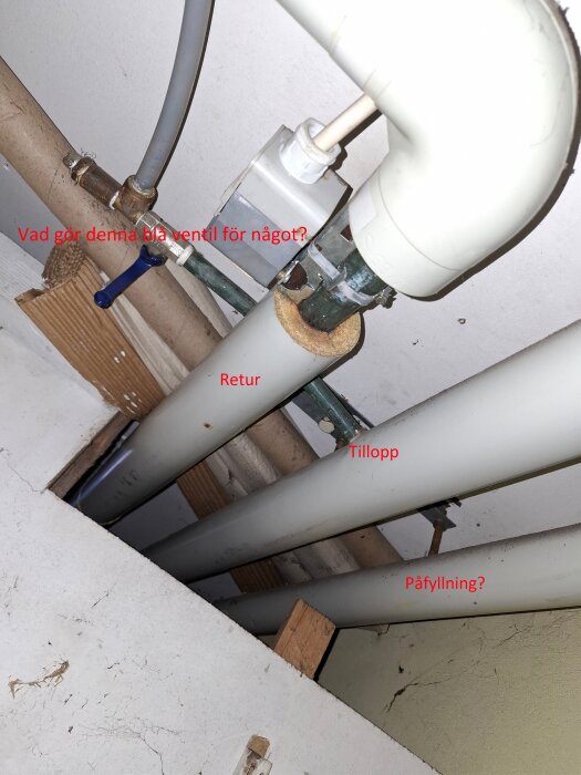 Rörsystem med en blå ventil, märkta tillopp, retur och påfyllning, syns genom en väggöppning. Ventilens funktion ifrågasätts i bilden.