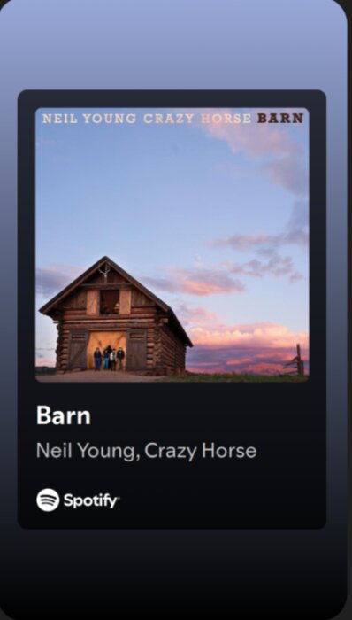 Albumomslag för "Barn" av Neil Young och Crazy Horse, visar en lada vid solnedgång.