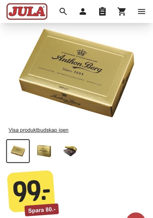 En guldask med Anthon Berg choklad från Jula, prissänkt till 99 kronor.