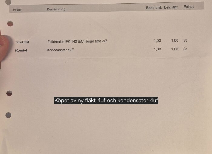Beställning av fläktmotor IFK 140 B/C och kondensator 4uF.