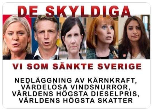 En bild med rubriker "De skyldiga" och "Vi som sänkte Sverige" samt bilder på fem personer och text om politikens effekter på energiförsörjningen.