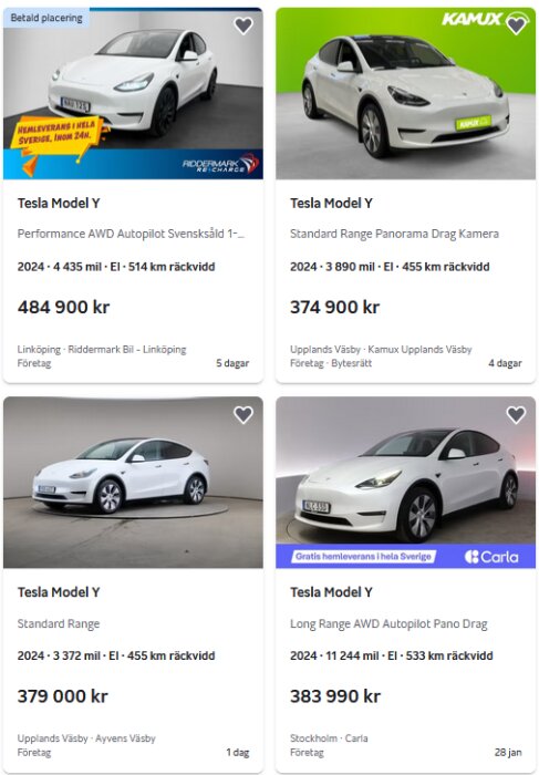 Fyra annonser för Tesla Model Y, årsmodell 2024 med olika priser och specifikationer, visas på Blocket.
