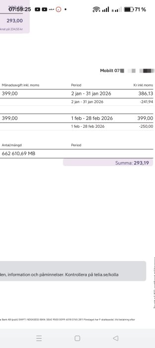 Mobilräkning med olika avgifter och datamängder, totalt 293,19 kr. Skärmbild visar betalningsinformation och abonnemangsperioder.