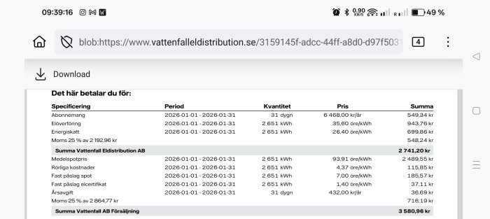 Elräkning från Vattenfall för januari 2026, visar abonnemangsavgifter, elöverföring och energiskatt med respektive kostnader och moms.