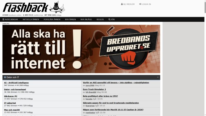 Flashback-forumets hemsida med en annons för bredbandsupproret. Budskap: Alla ska ha rätt till internet.