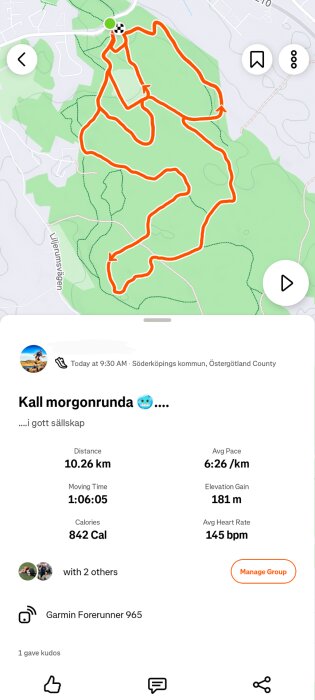 Karta över en löprunda på 10,26 km i Söderköpings kommun, med en höjdökning på 181 m och snittpuls på 145 bpm. Löpning registrerad med Garmin Forerunner 965.