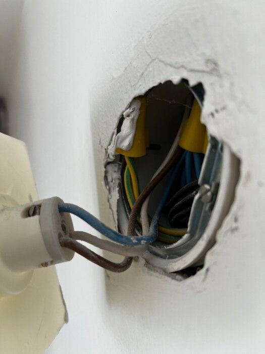 Närbild av elektrisk kopplingsdosa med blå och bruna ledare installerade i uttag i en vit vägg.