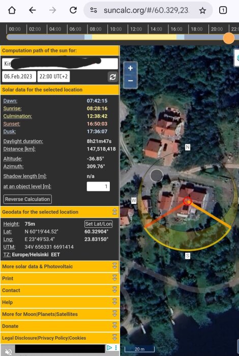 Satellitbild med solens position och rörelseinformation för vald plats, kompletterat med tider för gryning, soluppgång och solnedgång.
