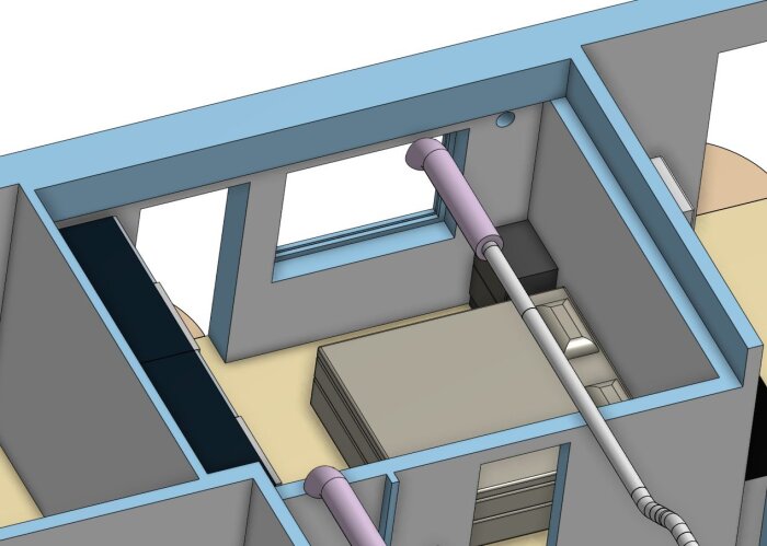 3D-modell av ventilationssystem med rördragning genom ett rum, inklusive väggar och tak, med fönster och möbler som referenspunkter.