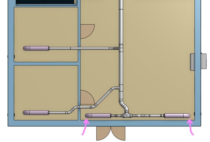 Ritning av ventilationssystem i rum med kanaler, ventiler och dörrar markerade. Pipor och flödesschema tydligt visade.