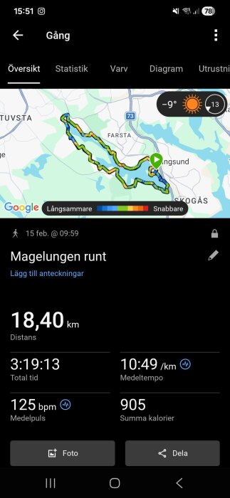 Skärmbild av ett kartspår för en gångrunda runt Magelungen, Sverige. Inkluderar distans, tid, tempo, puls och kaloriförbrukning vid -9 grader.