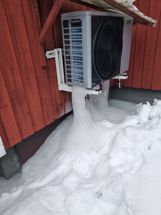 Utomhusenhet av luftvärmepump med isbildning på väggfästen och snö på marken framför en röd trävägg.