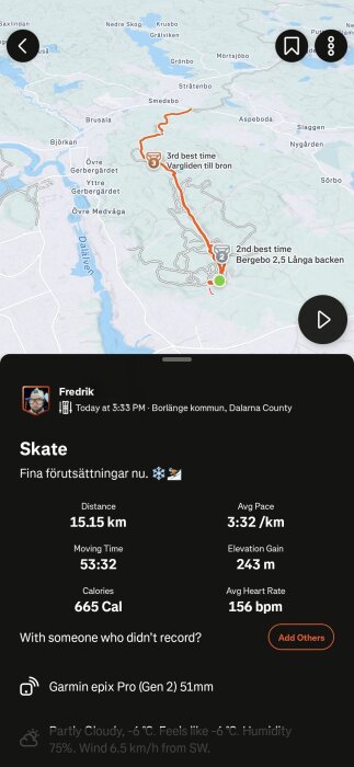 Karta över en skate-tur i Borlänge kommun, 15.15 km med ett snittempo på 3:32/km, totalt 665 kalorier förbrända, höjdökning 243 m.