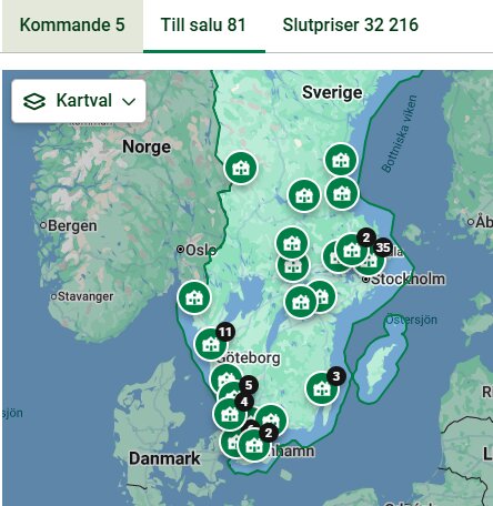 Karta över Sverige med markeringar för hus till salu och slutpriser, fokus på regioner i södra och mellersta Sverige.