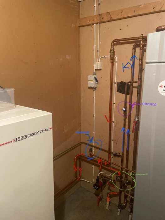 Isolerade rör och installerad Shelly bredvid varmvattenberedare, med markeringar för uppvärmt vatten till Niben systemet.